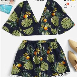 Plus tropical print top with Pom Pom shorts